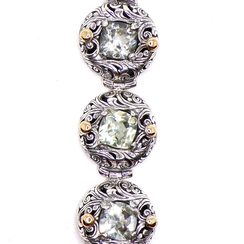925/18K Accents Green Prasiolite Link Bracelet, Byzantine Link Gemstone Bracelet